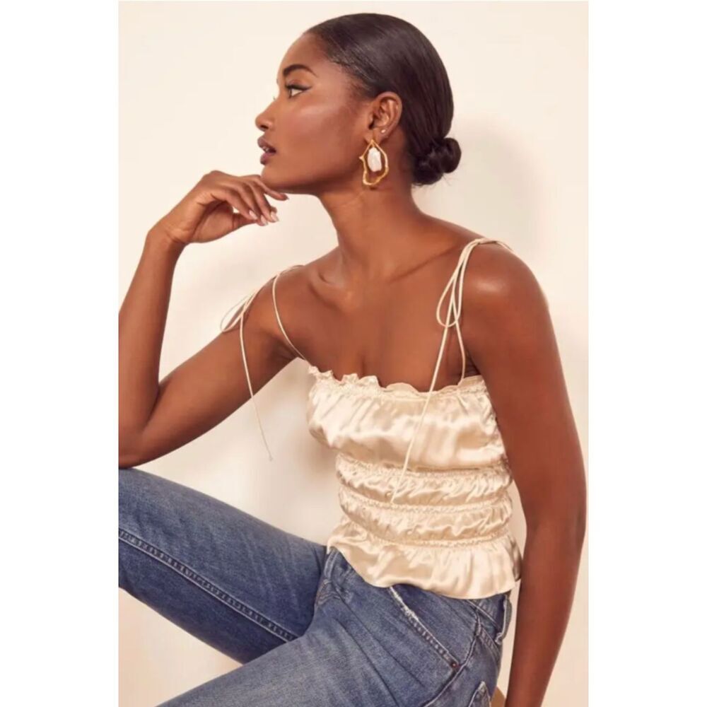 Reformation Cream Satin Ruched Cami Top